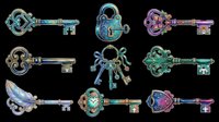 Ornate vintage keys and padlocks with decorative steampunk designs in turquoise, purple, and green. Isolated on transparent background, ready for clipart, t-shirt design, stickers, sublimation, and print-on-demand projects.