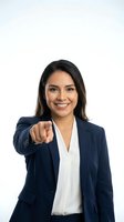 Confident Hispanic businesswoman in navy suit pointing at camera with smile isolated on white background for professional marketing materials.
