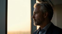 Mature Caucasian businessman with gray beard looking thoughtfully out office window during golden hour sunset, contemplating future business decisions.