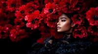 Young Asian woman with dramatic makeup in black lace dress against vibrant red poppies background, creating moody romantic atmosphere for fashion and beauty concepts.