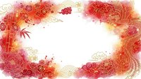 Red and gold oriental frame with traditional Asian clouds, waves and floral elements on white background for festive designs and cultural celebrations.
