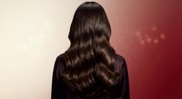 Professional woman with long wavy brown hair from behind on gradient background for beauty and haircare advertising campaigns.