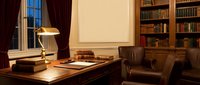 Elegant home office interior with wooden desk, leather chair, bookshelf and warm lighting creating professional workspace atmosphere for productivity.