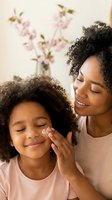 Woman of African descent applying skincare product to young girl's face, both with curly hair, wearing pink shirts, with blurred pink flowers in background, promoting natural beauty and family skincare routines.