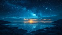 Mystical ocean landscape at night with bright moon reflection on water surface and starry sky with milky way, dramatic seascape scenery.