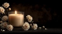 Elegant white carnations surrounding glowing candle in glass jar against dark moody background, creating serene atmosphere for relaxation or memorial.