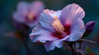 Purple hibiscus flower with water droplets on petals blooming in garden. Tropical flowering plant with prominent stamen for nature and botanical themes.