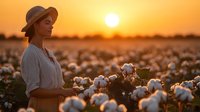 Young woman farmer in hat standing in cotton field during golden hour sunset harvest time in rural agricultural landscape.