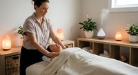 Professional female massage therapist performing relaxing spa treatment on client in serene wellness center with ambient lighting and aromatherapy diffuser.