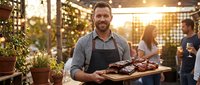 Smiling bearded chef in apron presenting grilled meat platter at outdoor restaurant during golden hour sunset with string lights and dining guests.