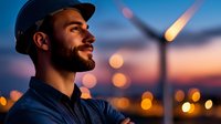 Young bearded man in cap looking at wind turbine during sunset, with bokeh lights and warm evening sky creating atmospheric renewable energy scene.