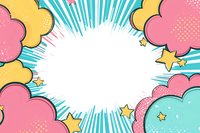 Pop art comic book explosion burst with colorful clouds and stars on white background for text overlay and graphic design projects.