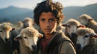 Young shepherd boy with curly dark hair stands among flock of sheep at sunset, mountains in background, dramatic lighting creates moody pastoral scene.