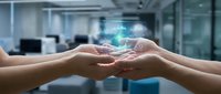 Business professionals sharing digital innovation with glowing holographic technology sphere in modern office environment for teamwork collaboration.