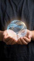 Businessman hands holding glowing digital globe with network connections representing global business technology and worldwide communication solutions.
