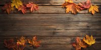 Colorful autumn maple leaves arranged on rustic wooden planks creating natural seasonal border frame with copy space.