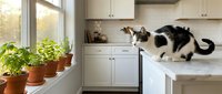 Black and white cat crouching on marble kitchen counter near window with potted herbs, bright modern home interior with white cabinets.