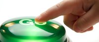 Young adult hand with medium skin tone pressing green button on top of container, suitable for technology, user interface, interaction, and product demonstration concepts.