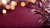 Glittering burgundy leaves with golden bokeh lights create magical holiday atmosphere. Festive background with sparkles and copy space for seasonal designs.