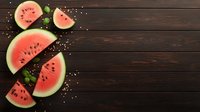 Fresh watermelon slices scattered on dark wooden background with mint leaves and seeds, rustic food styling for summer refreshment concept.