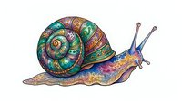 Colorful snail with ornate spiral shell and vibrant body isolated on white background, suitable for clipart, t-shirt design, and creative projects.