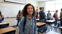 Happy African American teenage student with curly hair smiling in classroom with backpack. Education, learning, high school, diversity concept.