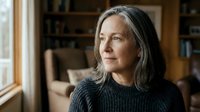 Mature woman with gray hair in cozy sweater looking thoughtfully out window in warm home interior with natural lighting and bookshelves in background.