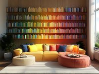 Modern living room with rainbow-colored bookshelf arrangement, yellow sofa with multicolored cushions, and round ottomans against natural lighting from window.