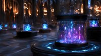 Mystical glowing container with swirling purple and blue energy particles in dark fantasy environment with magical illuminated vessels creating ethereal atmosphere.