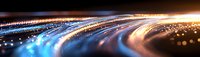Abstract curved light trails in blue and orange colors against dark background creating dynamic motion effect with glowing bokeh and streaks for technology concept.