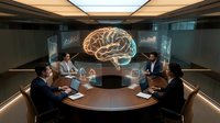 Business team in modern conference room with glowing brain hologram display, discussing artificial intelligence and neural network technology for corporate strategy and innovation meetings.
