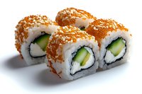 Fresh sushi rolls with cucumber, cream cheese, and crispy tempura flakes topped with masago orange roe on white background, macro food photography.
