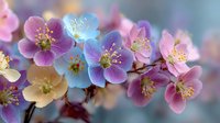Delicate spring blossoms in soft pastel colors blooming on branch with golden stamens creating dreamy floral background for romantic designs and decorations.