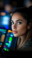 Young Caucasian woman with blonde hair and blue eyes in modern office environment with colorful bokeh lights and computer screens in background at night.