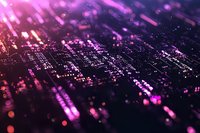 Abstract digital landscape with glowing pink and purple light particles over dark technological grid pattern creating futuristic cyberpunk atmosphere.
