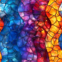 Vibrant stained glass mosaic pattern in rainbow colors with cosmic space elements and black outlines creates seamless background for creative projects.