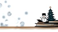 Cheerful snowman and decorated Christmas tree on stack of books with falling snow against white background, minimalist winter holiday design.