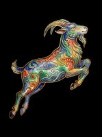 Colorful ornate leaping goat with swirling folk art patterns, isolated on transparent background, ready for stickers, T-shirts, and print on demand.