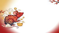 Red ornate rat with golden coins and cherry blossoms on gradient background for Chinese New Year celebrations and lunar calendar festivities.