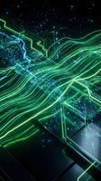 Futuristic green neon circuit board with flowing light trails and glowing particles on dark background for technology and digital innovation concepts.