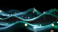 Abstract digital wave pattern with glowing turquoise particles flowing in smooth curves against dark background, creating dynamic motion and connectivity visualization.