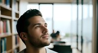 Young man with dark hair and beard, South Asian ethnicity, looking upward thoughtfully in modern office library with bookshelves and windows, contemplative professional moment.