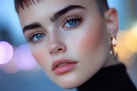 Young woman with short dark hair, fair complexion, and blue eyes wearing minimal makeup and pearl earrings against blurred bokeh background. Suitable for beauty, fashion, and lifestyle content.