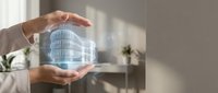Hands holding glowing holographic building model in modern office space, representing digital architecture, smart construction technology, and future real estate innovation.