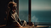 Young African American woman with curly hair sitting peacefully by large window overlooking ocean, enjoying warm morning light and coffee in cozy interior space.
