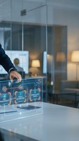 Businessman interacting with futuristic holographic interface displaying digital workflow automation in modern office environment for technology presentations.