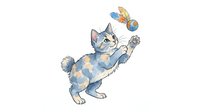 Playful tabby kitten with blue and orange patches jumping and batting at colorful toy balls, isolated on white background for design projects.