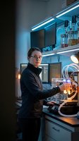 Female scientist in glasses working with laboratory equipment in modern research facility with blue LED lighting for scientific studies.