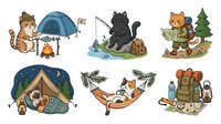 Cute cats camping outdoors with tents, campfires, fishing gear and hiking equipment. Isolated cartoon characters ready for design use on merchandise and apparel.