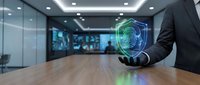 Businessman in dark suit holding glowing digital shield with fingerprint scan in modern office, representing cybersecurity and data protection technology solutions.